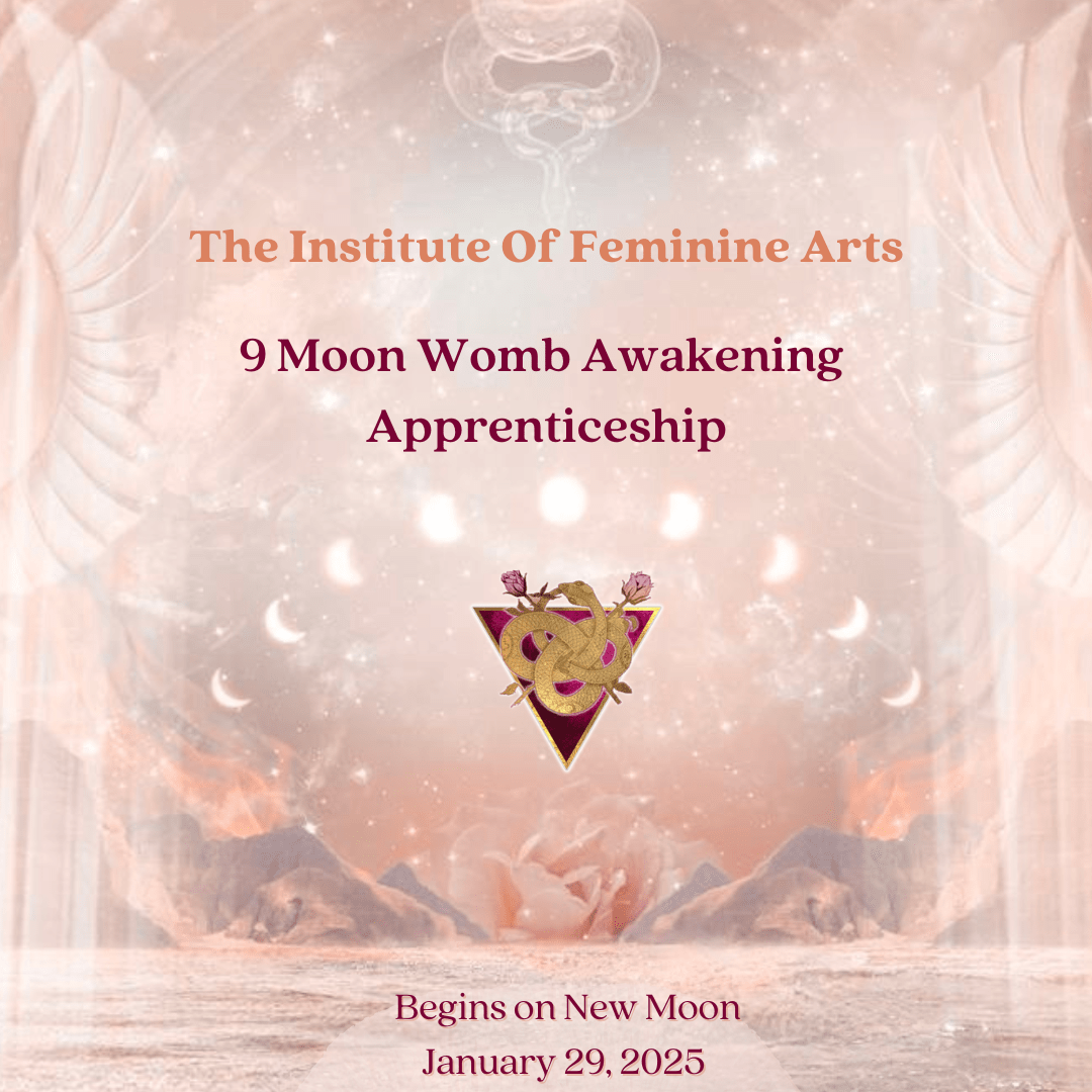 Copy of Apprenticeship Poster Post (3) Pearl pink image with moons mountains and isis wings with information about the 9 moons womb awakening apprenticeship